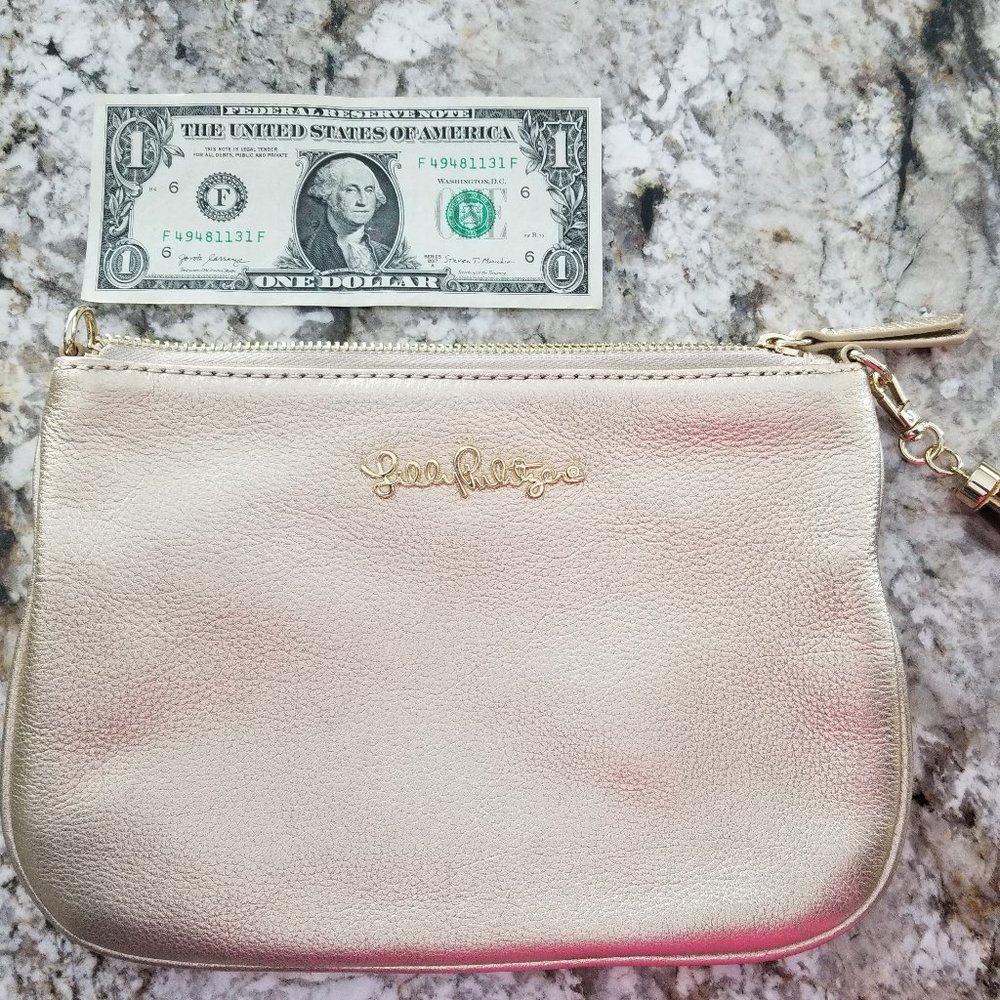 Lilly Pulitzer Gold Pebbled Leather Clutch Handbag Purse with Tassel, EUC!